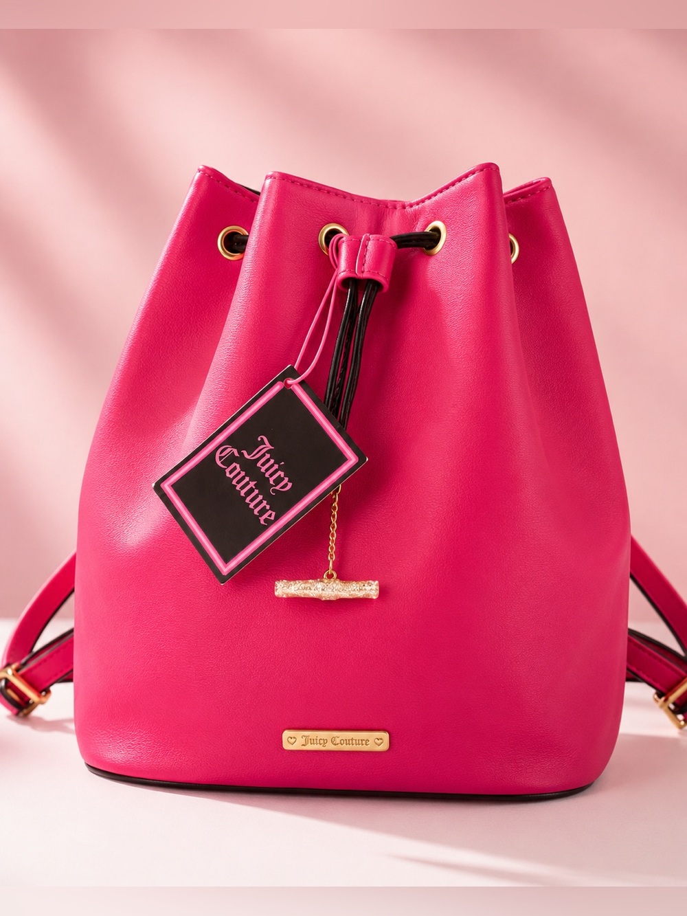 Juicy Couture Y2K Hot Pink Drawstring Backpack Purse Gold Hardware